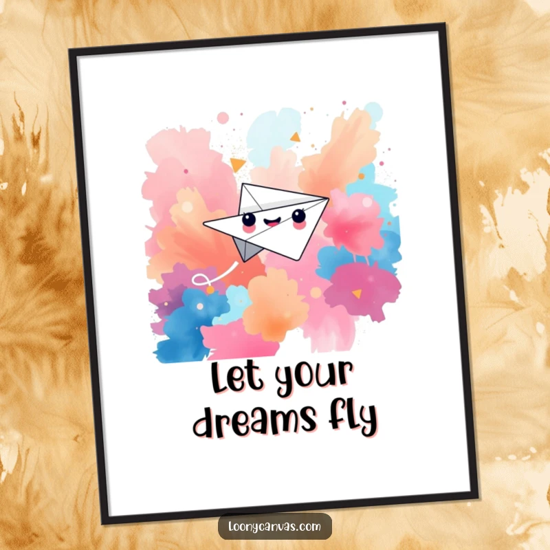 Funny Free Printable Wall Art: A happy paper airplane character mid-flight against a vibrant, abstract backdrop.
