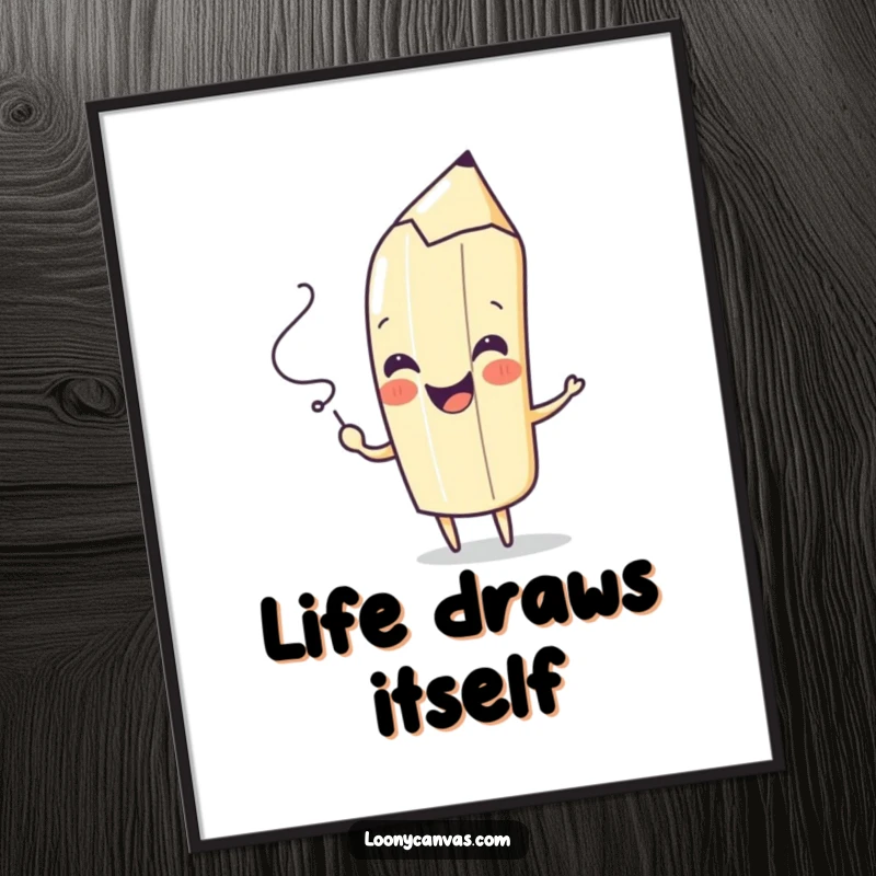 Funny Free Printable Wall Art: A playful pencil character drawing a spontaneous squiggle with a cheerful flourish, bringing artistic joy.