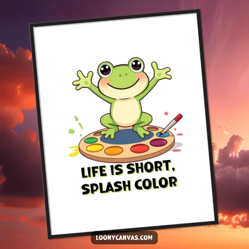Funny Free Printable Wall Art: A joyful frog leaps into a colorful paint palette, embodying pure creative bliss.
