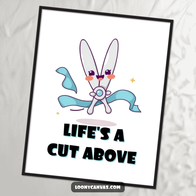 Funny Free Printable Wall Art: A delighted scissors character joyfully snipping a flowing ribbon, creating a whimsical and cheerful scene.