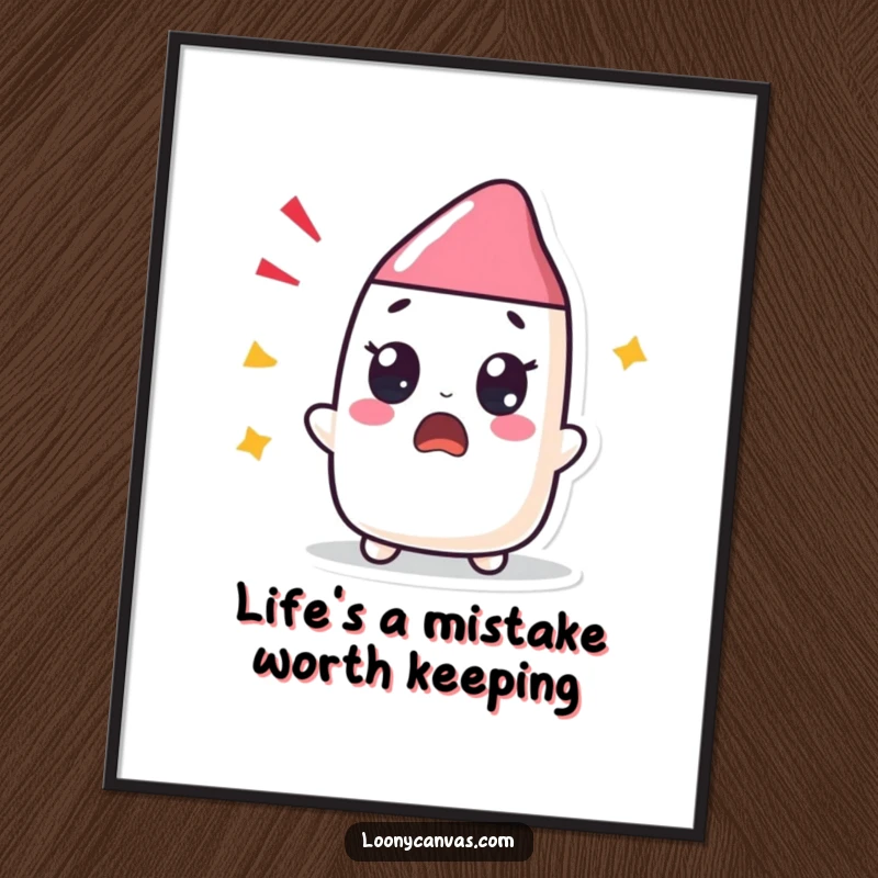 Funny Free Printable Wall Art featuring a Kawaii eraser character looking extremely surprised, perfect for a humorous home or office.