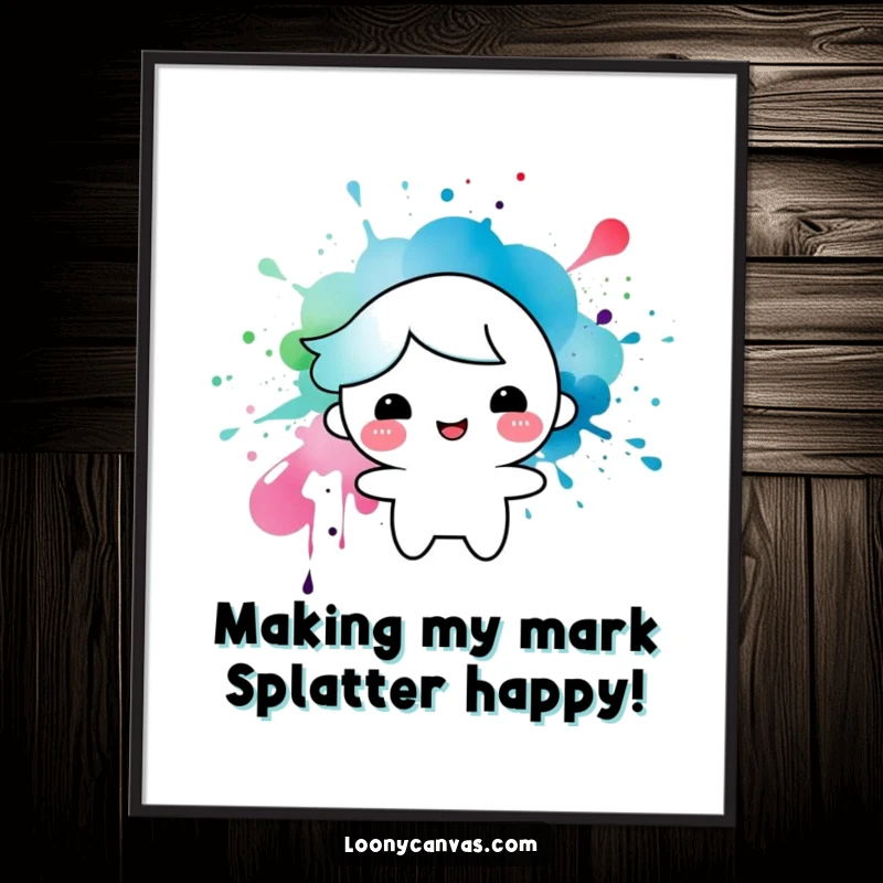 Funny free printable wall art of a playful ink splatter forming a super happy, smiling character, radiating positive energy.