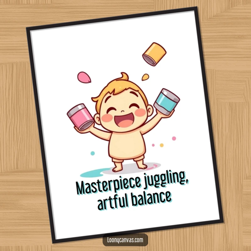 Funny Free Printable Wall Art: A cheerful character energetically juggling several brightly colored paint cans in mid-air.