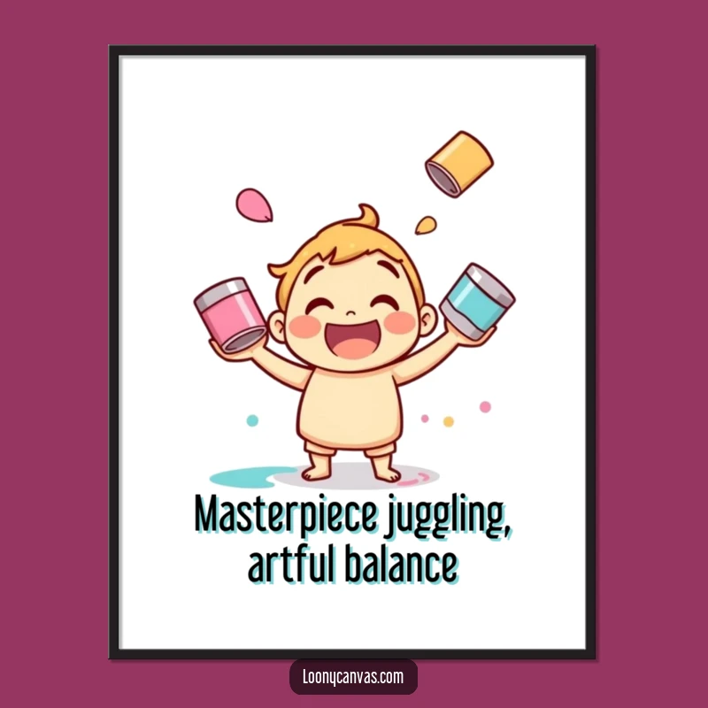 Free Printable Wall Art: Jolly Juggling Paint Cans Character - Vibrant Downloadable Decor