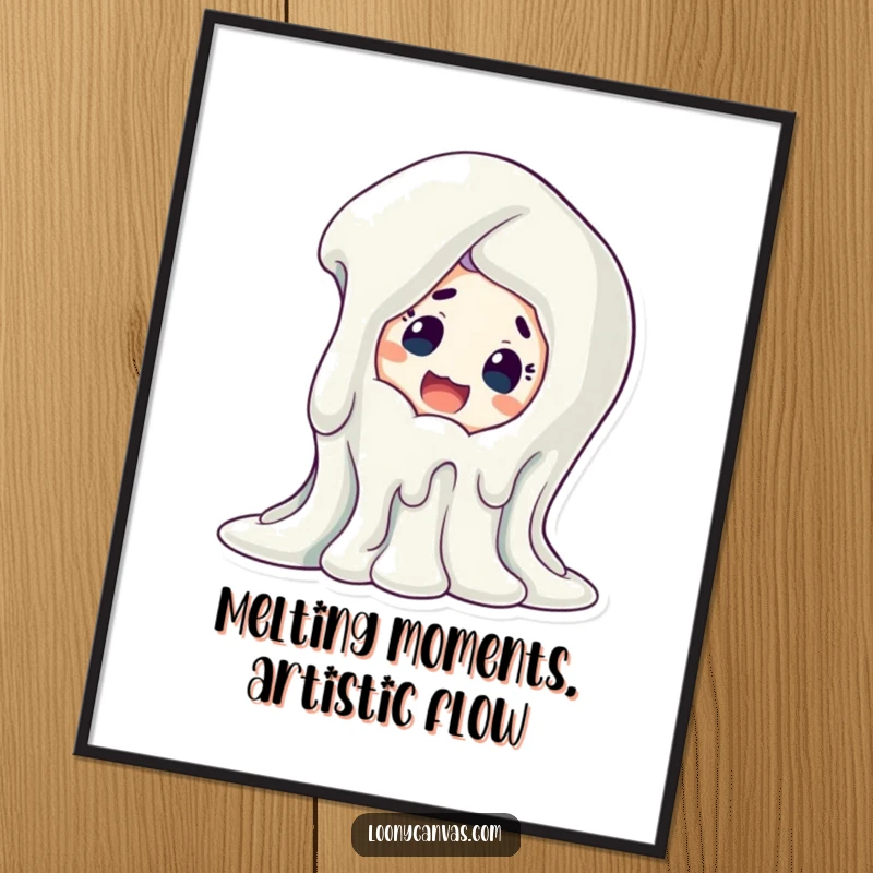 Funny Free Printable Wall Art: A smiling character stares in surprise at a surreal, melting sculpture.