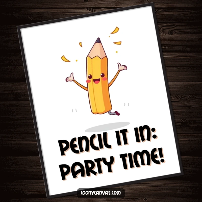 Funny Free Printable Wall Art: A cheerful pencil in a dynamic dance pose with shavings flying, celebrating creativity.