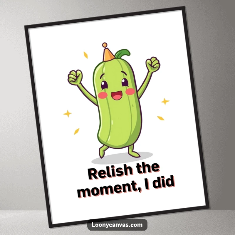 Funny Free Printable Wall Art: A pickle character performs an ecstatic victory dance, radiating pure, humorous triumph.