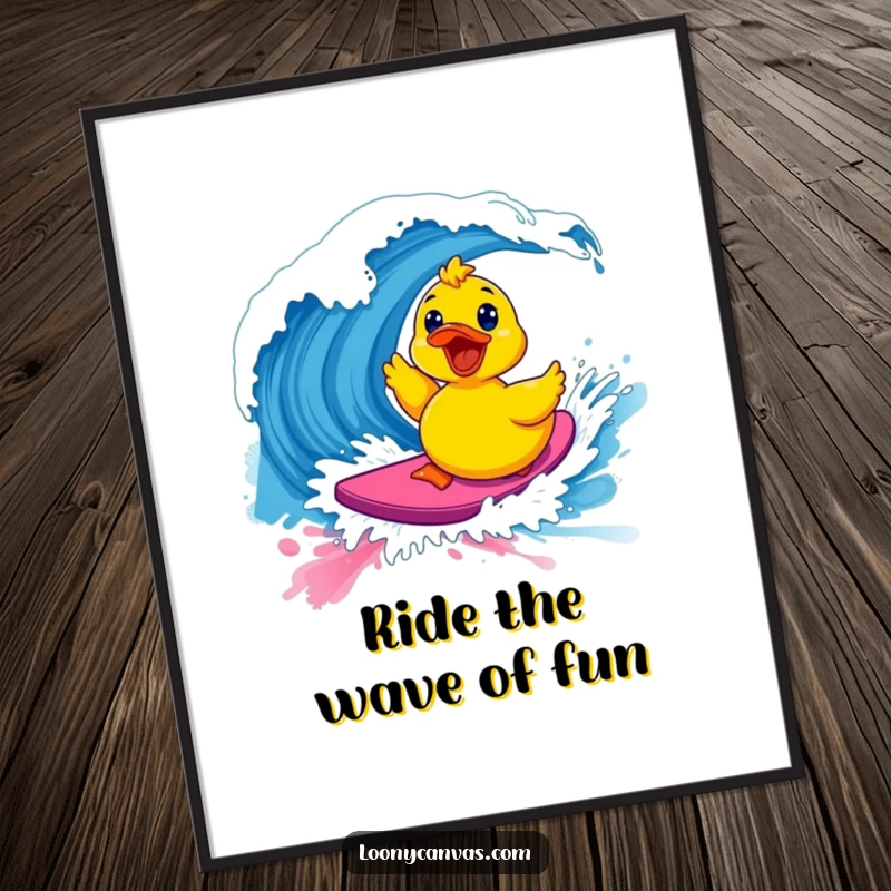 Funny Free Printable Wall Art: A kawaii excited rubber ducky surfing a vibrant wave of paint with pure joy and energy.