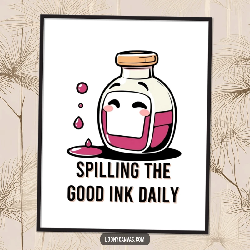 Funny Free Printable Wall Art: A giggling ink bottle character spilling tiny ink drops with a mischievous wink, full of personality.