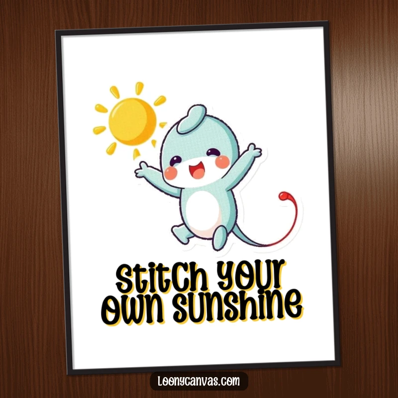 Funny Free Printable Wall Art of a leaping needle character diligently stitching a large, radiant sun, a creative DIY decor item.