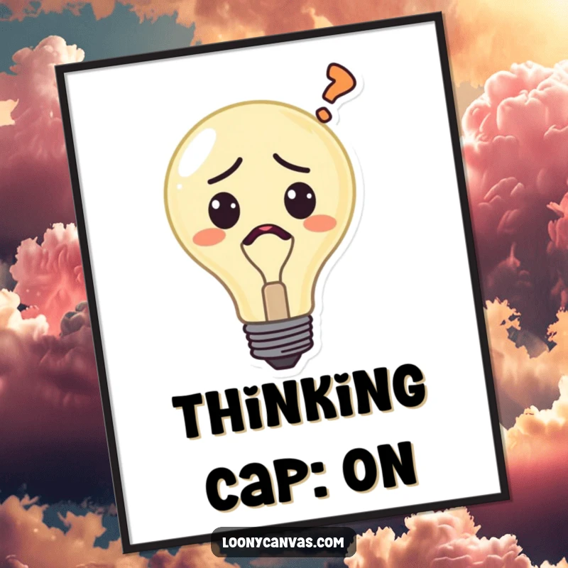 Funny Free Printable Wall Art: Confused lightbulb character flickering with a question mark, a humorous decorative piece for any room.