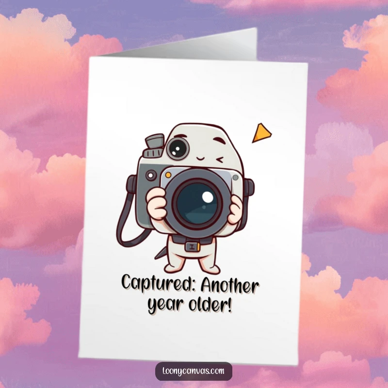 Funny Free Printable Birthday Card: Delighted camera character capturing a fleeting, bizarre moment, perfect for birthdays.