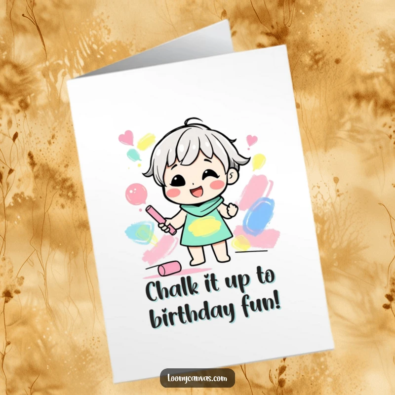 Funny Free Printable Birthday Card: A gleeful character joyfully drawing abstract shapes with colorful chalk for a birthday wish.