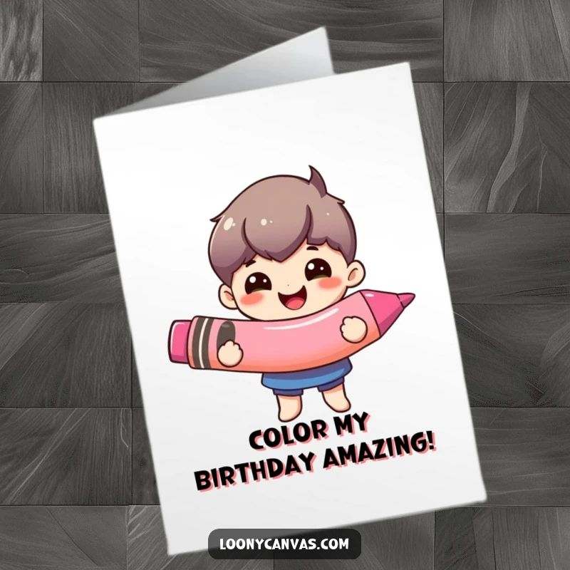 Funny Free Printable Birthday Card: A happy character joyfully holding a comically oversized crayon, ready to create.