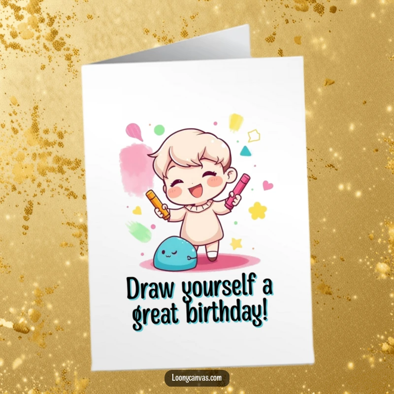 Funny Free Printable Birthday Card: Gleeful character joyfully creating abstract shapes with vibrant colored chalk, artistic celebration, download.