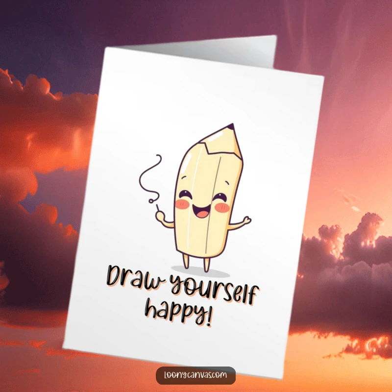 Funny Free Printable Birthday Card: A playful pencil character drawing a spontaneous squiggle with a cheerful flourish, celebrating creativity.