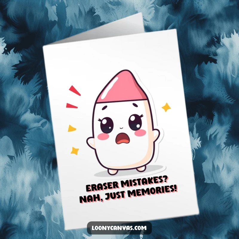 Funny Free Printable Birthday Card featuring a Kawaii eraser character with wide eyes and an open mouth, looking completely shocked.