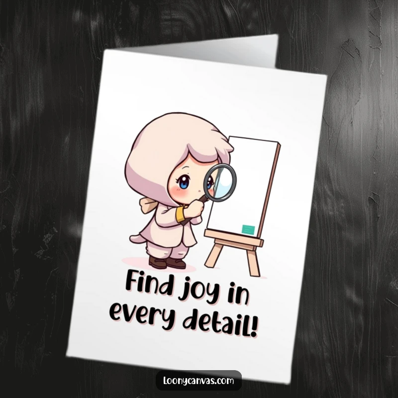 Funny Free Printable Birthday Card: Curious character intently examining a canvas with a magnifying glass, seeking artistic detail, birthday surprise, download.