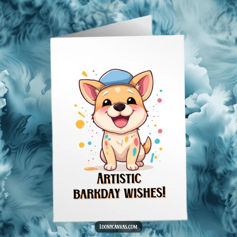 Funny Free Printable Birthday Card: A happy dog artist in a beret splatters paint, creating a messy masterpiece for a joyful celebration.