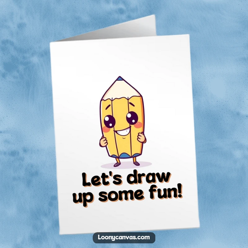 Funny Free Printable Birthday Card: A cheeky pencil character with a goofy grin drawing its own portrait, looking proud.