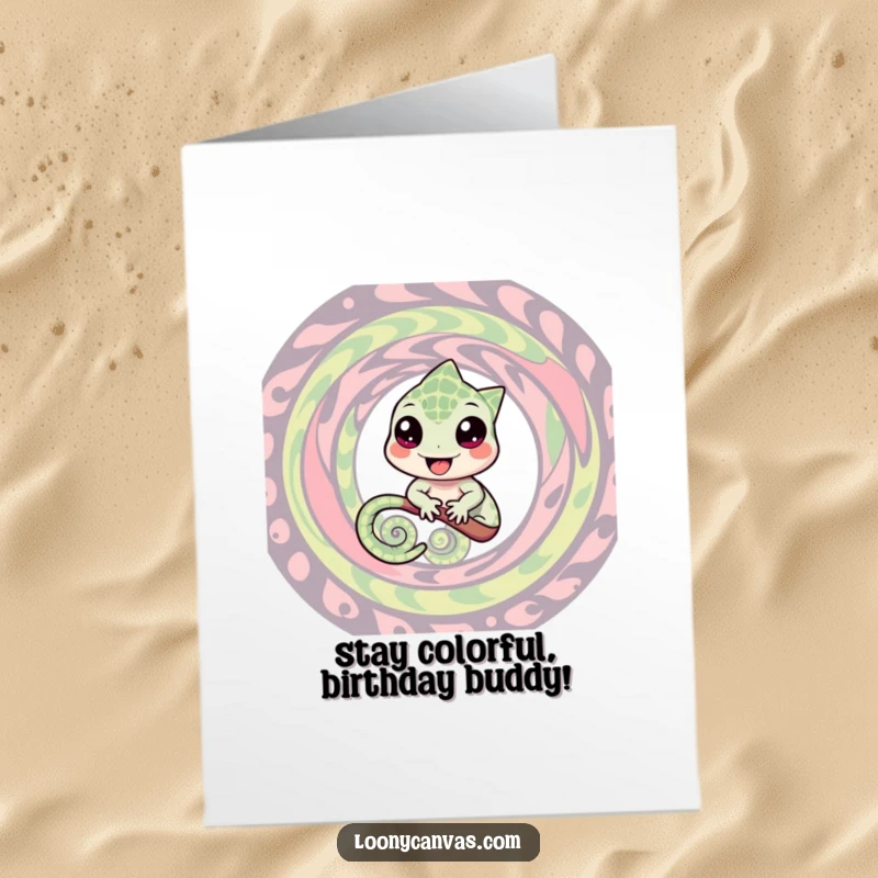 Funny Free Printable Birthday Card showcasing a cheerful chameleon blending perfectly into a vibrant swirling pattern, a unique gift.