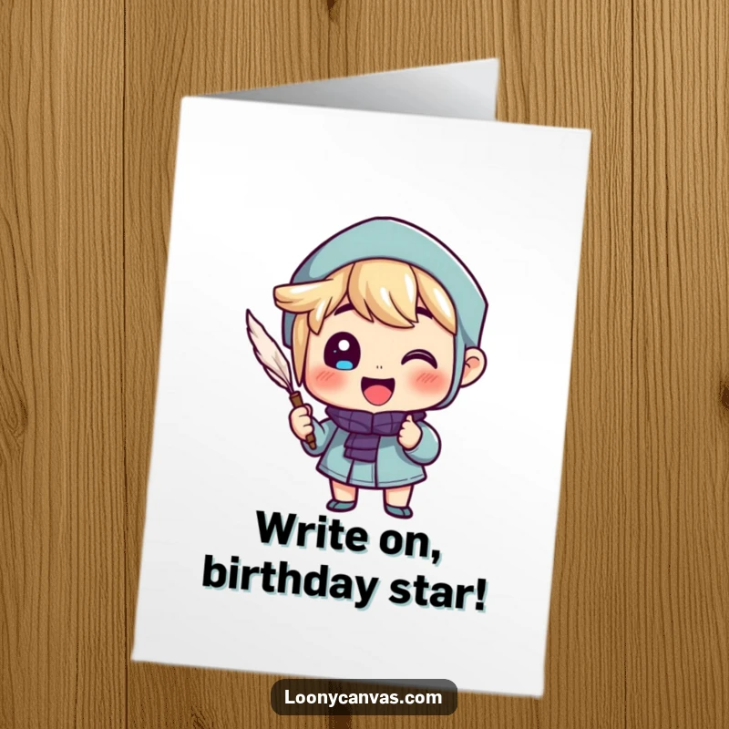 Funny Free Printable Birthday Card: A cheerful character excitedly writing with a quill pen, perfect for gifting.