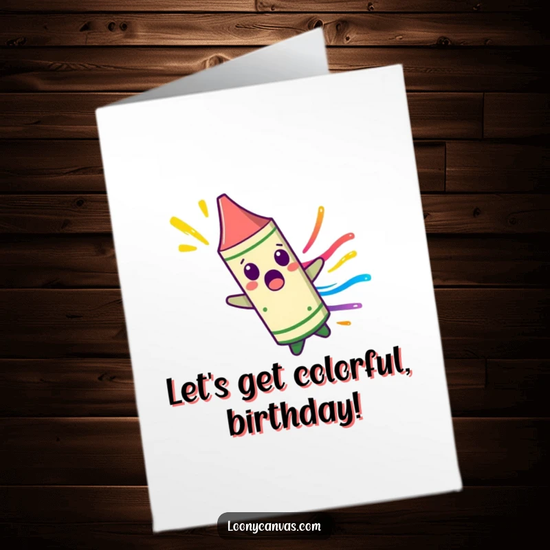 Funny Free Printable Birthday Card: Surprised crayon character spinning wildly, leaving a bright colorful streak in its wake.