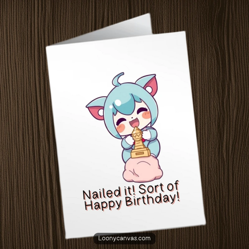 Funny Free Printable Birthday Card: Delighted character precariously balancing a tiny, detailed sculpture with a joyful expression, DIY art theme.