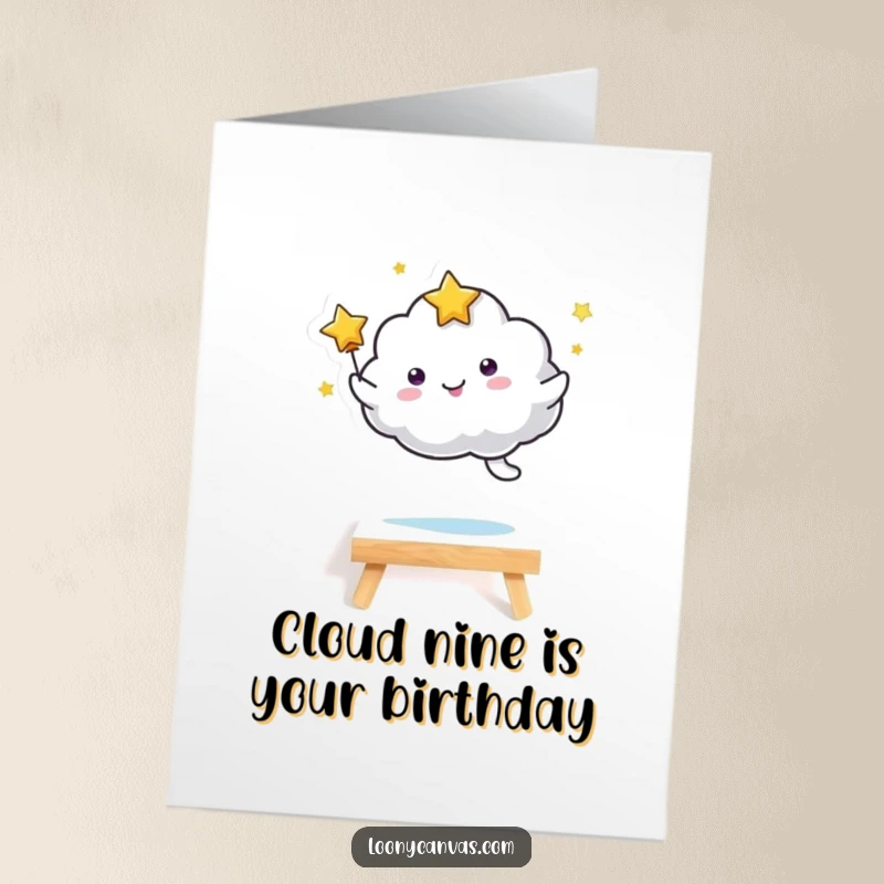 Funny Free Printable Birthday Card: Kawaii star cloud joyfully leaping over a small canvas.