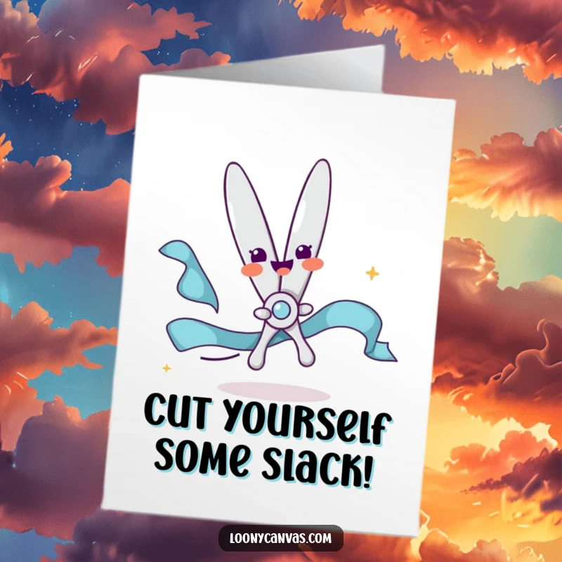 Funny Free Printable Birthday Card featuring a delighted scissors character happily snipping a flowing ribbon, ready for a celebration.