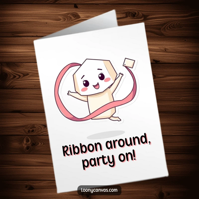 Funny free printable birthday card: a giddy geometric character happily twirling a long, flowing ribbon.