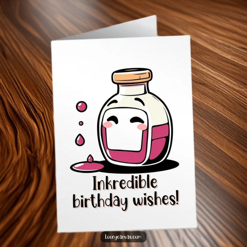 Funny Free Printable Birthday Card: Giggling ink bottle character spilling small ink drops with a mischievous wink, spreading cheer.