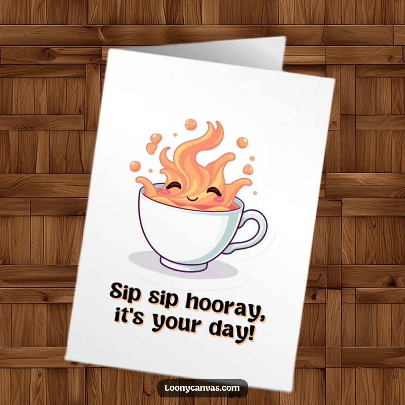 Funny Free Printable Birthday Card featuring a kawaii giggling teacup overflowing with vibrant, swirling tea, ready to celebrate.