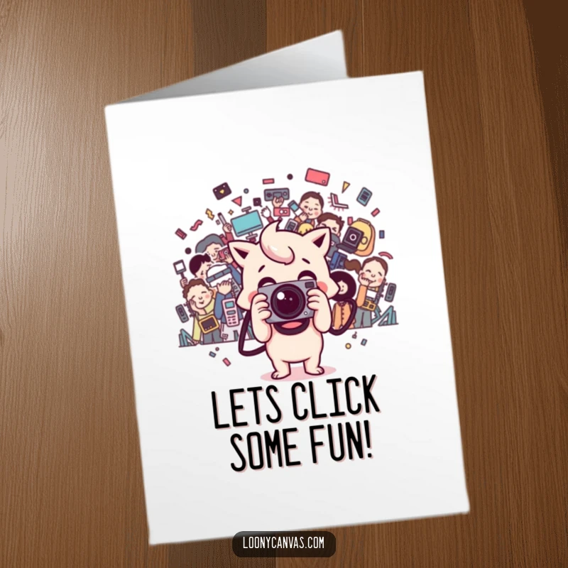 Funny Free Printable Birthday Card: Happy Kawaii camera character snapping a chaotic photo, celebrating a birthday.