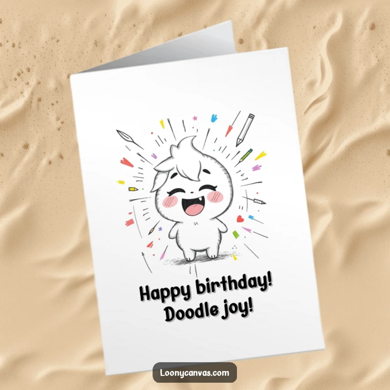 Funny Free Printable Birthday Card: A giggling Kawaii pencil draws a chaotic, scribbled masterpiece, wishing a fun birthday.