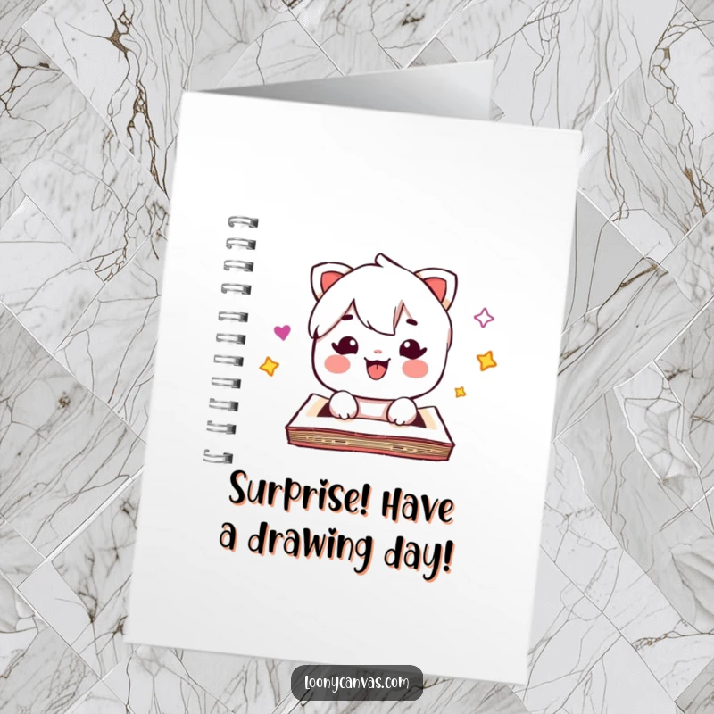 Funny free printable birthday card: A cute kawaii sketchpad character bursts open, showering confetti for a happy surprise.