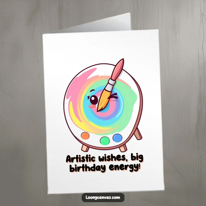 Funny Free Printable Birthday Card featuring a kawaii winking paintbrush artist creatively swirling colorful paint on a palette.