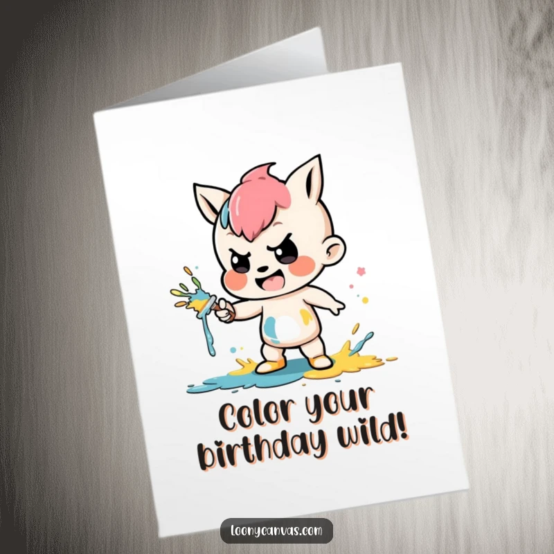 Funny Free Printable Birthday Card: Mischievous character playfully splattering colorful paint, creating a joyful mess, birthday celebration, download.