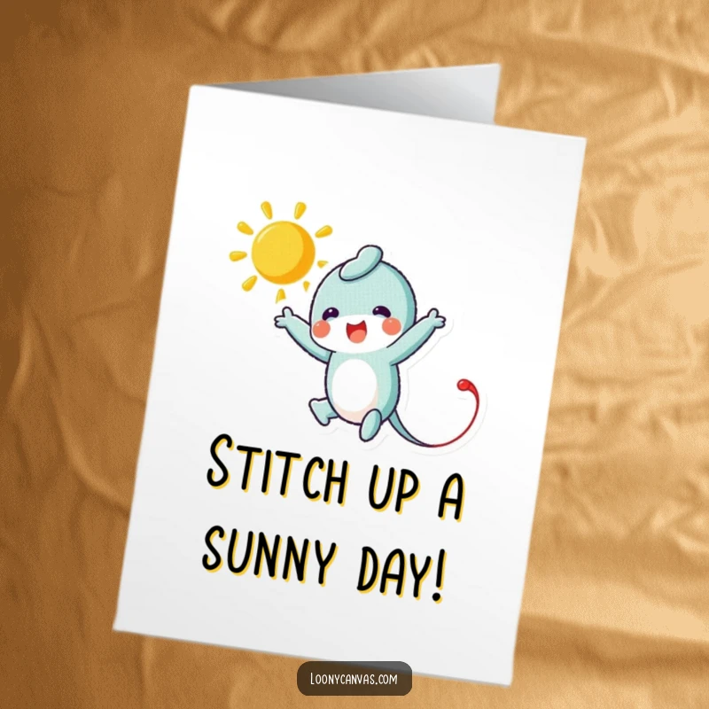 Funny Free Printable Birthday Card showing a leaping needle character expertly stitching a radiant, bright sun, a cheerful DIY present.