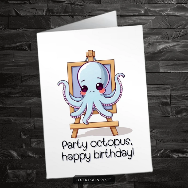 Funny free printable birthday card showing a goofy octopus using all eight arms to hang a painting.