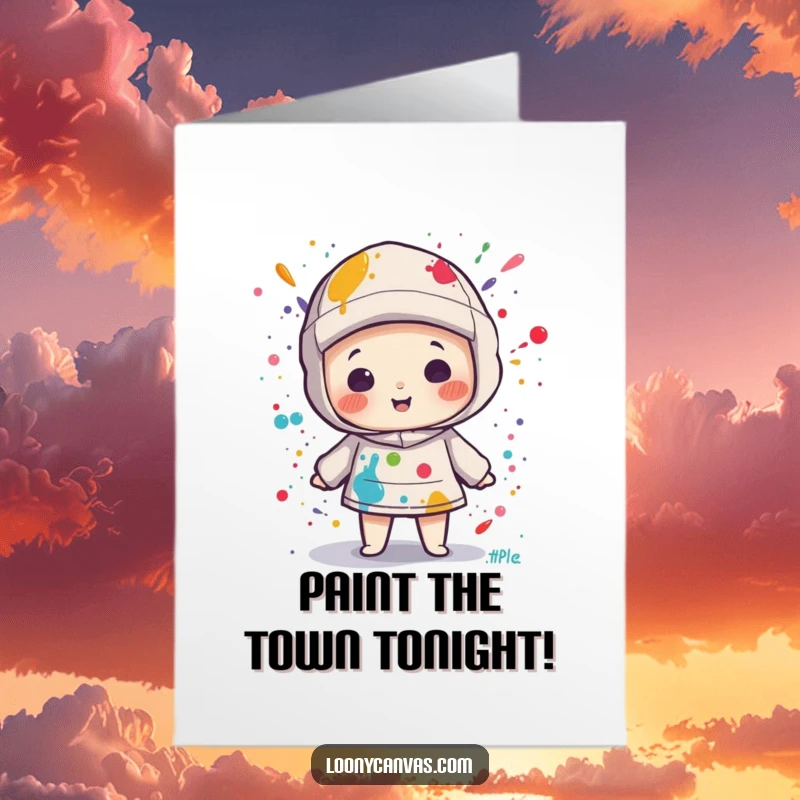 Funny Free Printable Birthday Card: Kawaii canvas character playfully splattered with colorful paint, celebrating birthdays with downloadable art.