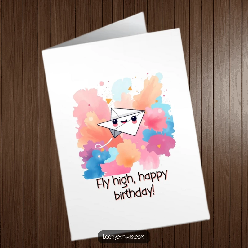 Funny Free Printable Birthday Card: Happy paper airplane character soaring joyfully through a colorful, abstract sky.