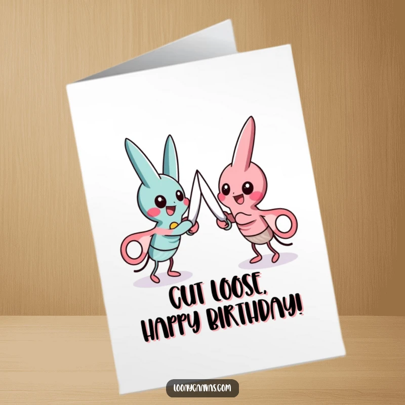 Funny Free Printable Birthday Card: Two playful scissors characters engaged in a friendly cutting duel, looking mischievous.