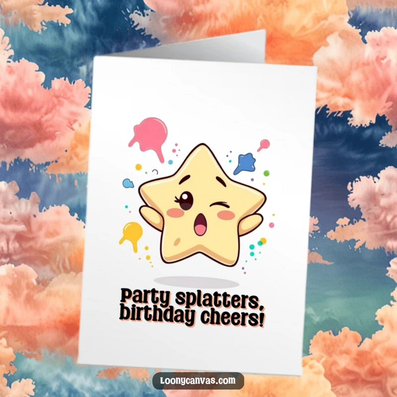 Funny free printable birthday card: a surprised star character winking while juggling paint splatters.