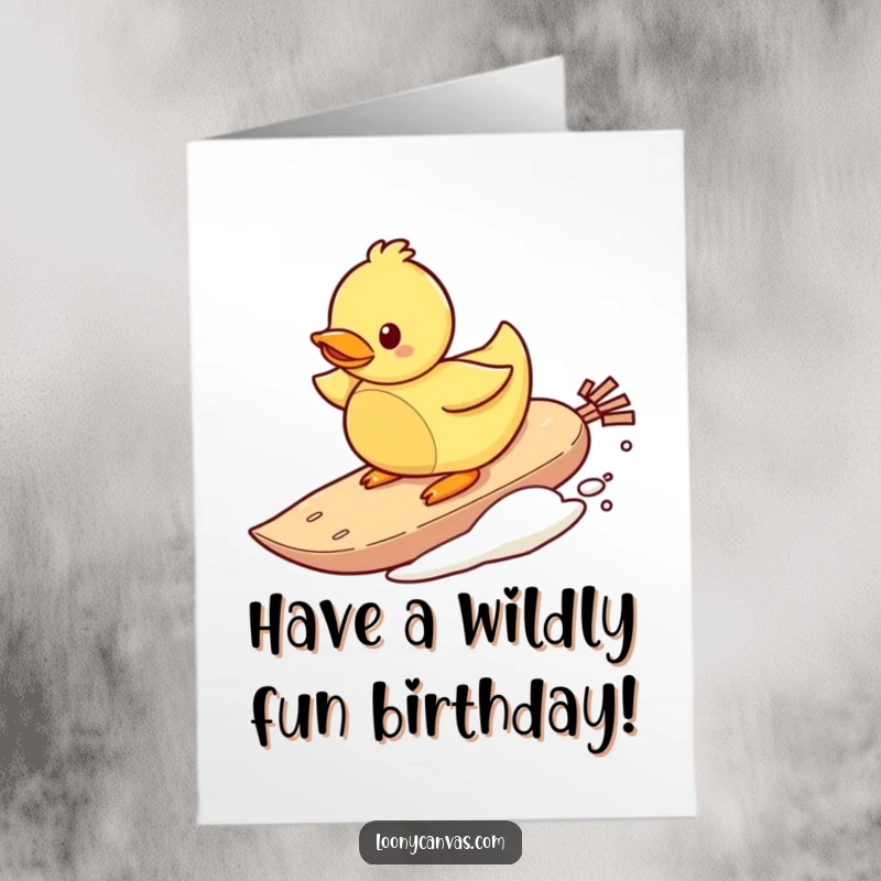 Funny Free Printable Birthday Card: A playful rubber ducky character expertly attempting to surf on a floating teabag.