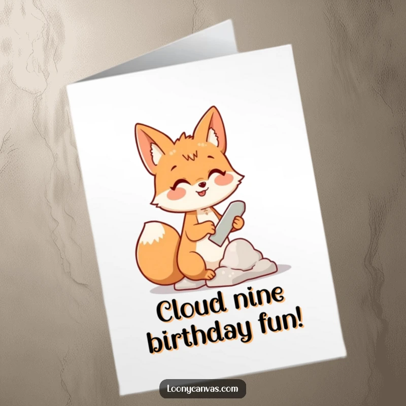 Funny Free Printable Birthday Card: A cheerful fox with a chisel attempts to sculpt a fluffy cloud, dreaming up a happy celebration.