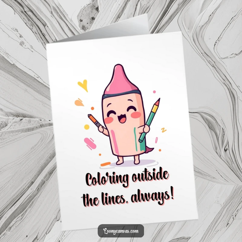 Funny Free Printable Birthday Card showcasing a Kawaii crayon character gleefully scribbling with bright, multiple colors all around.