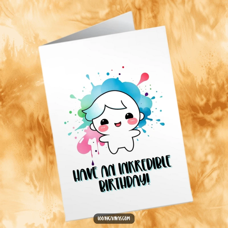 Funny free printable birthday card of a playful ink splatter forming a super happy, smiling character with googly eyes.