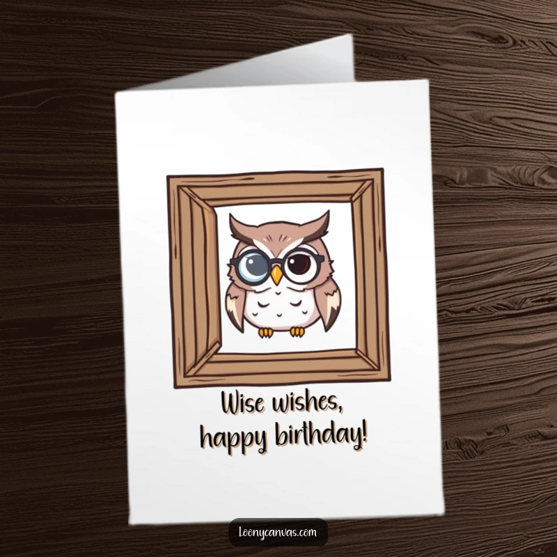 Funny Free Printable Birthday Card: A determined owl with a monocle inspects a crooked picture frame, ensuring a perfectly humorous celebration.