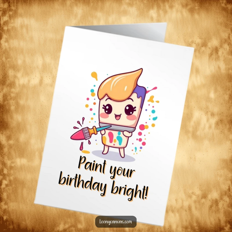 Funny Free Printable Paintbrush Birthday Card: Kawaii paintbrush character gleefully splattering vibrant paint for a wild birthday.